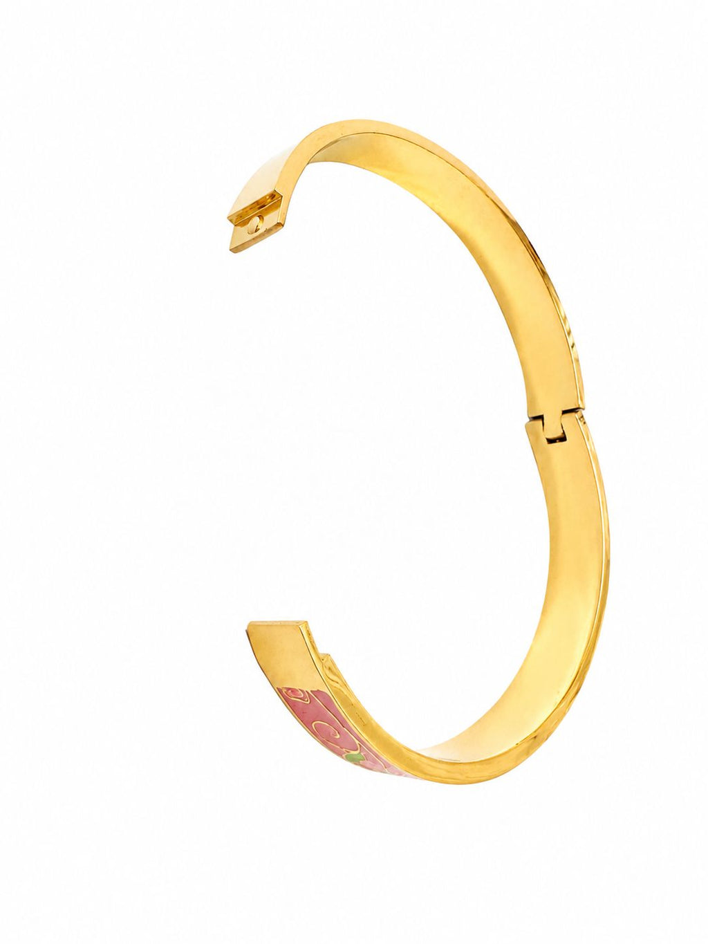 14 Karat vergoldeter Edelstahl-Armreif mit Blumenmuster – Rosa emailliertes Gold-Design