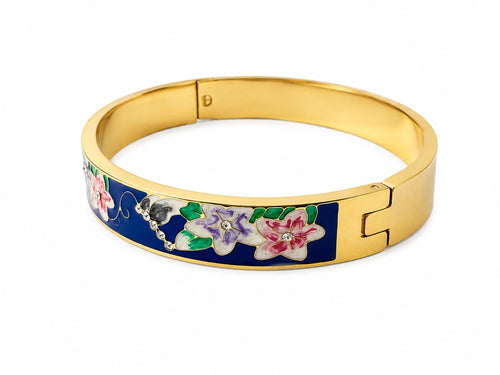 14K Gold Plated Steel Navy Blue Floral Pattern Bangle Bracelet