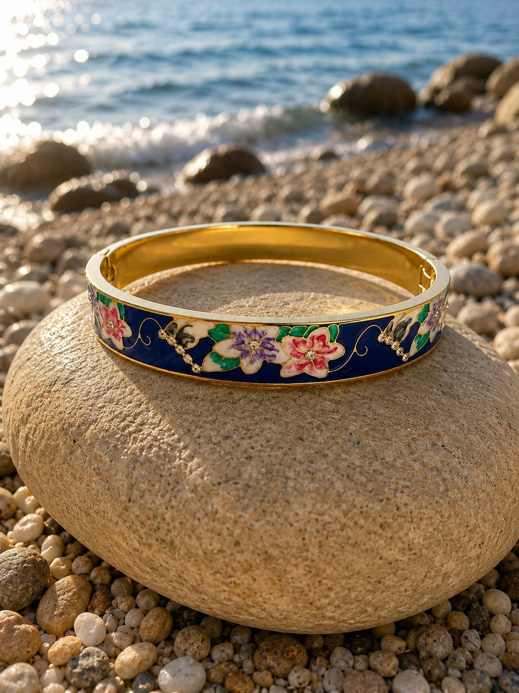 14K vergoldetes Edelstahl-Armband mit marineblauem Blumenmuster