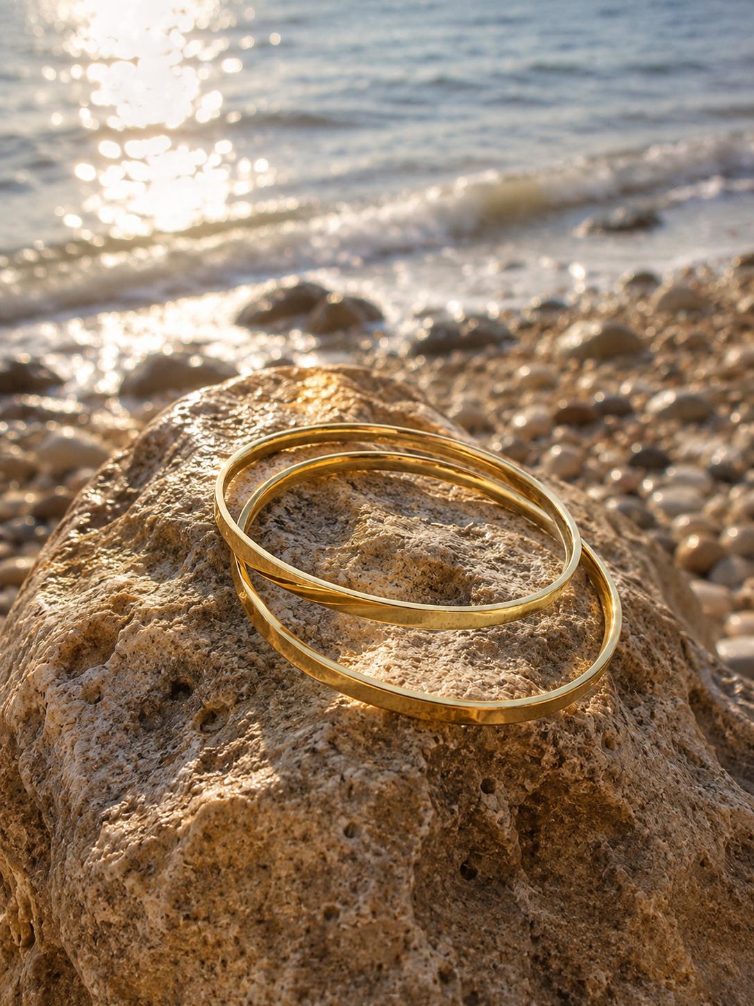 14K Gold Plated Steel Minimal Cuff Bracelet Set - 2 Piece Gold Combination