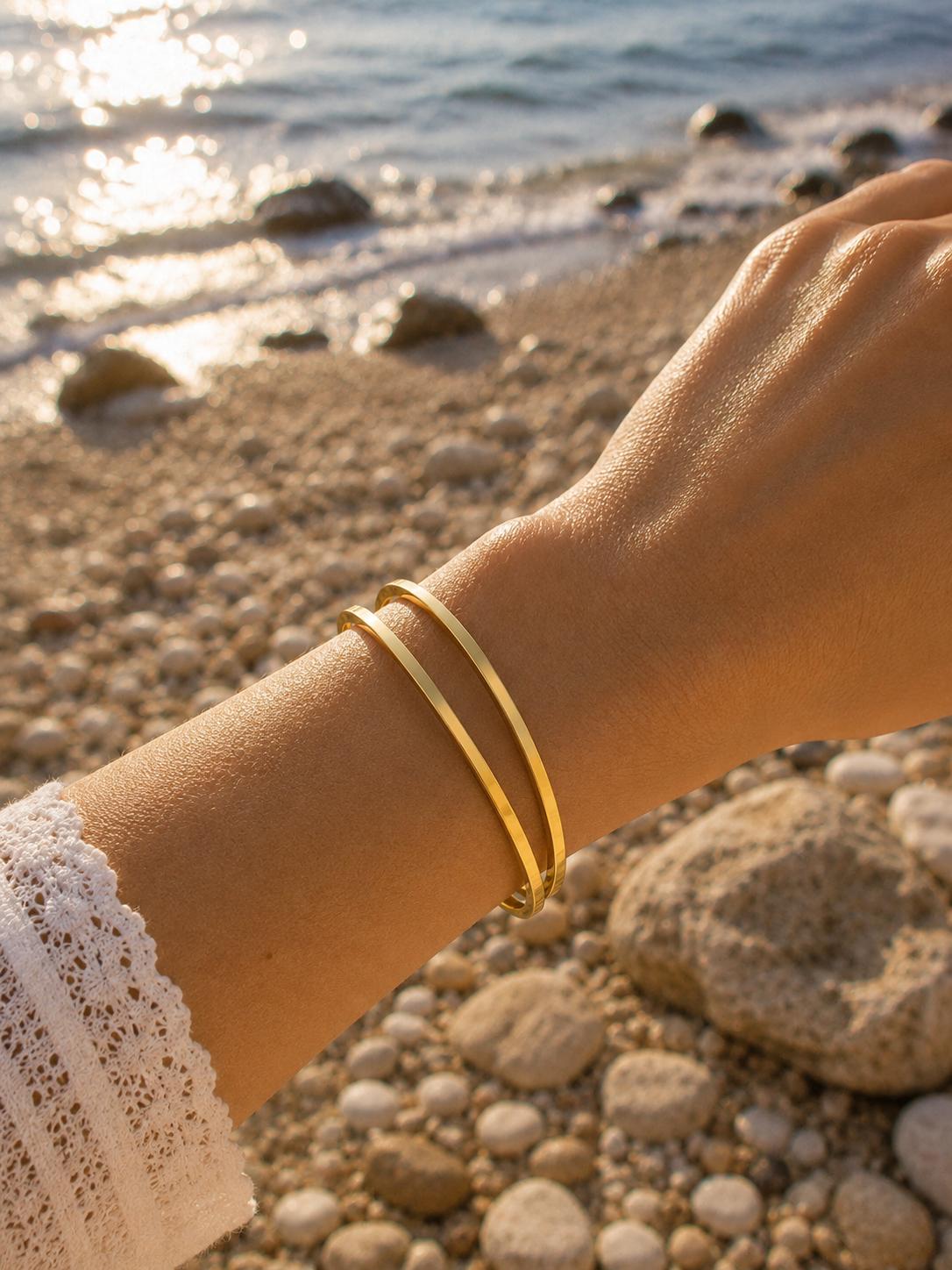 14K Gold Plated Steel Minimal Cuff Bracelet Set - 2 Piece Gold Combination