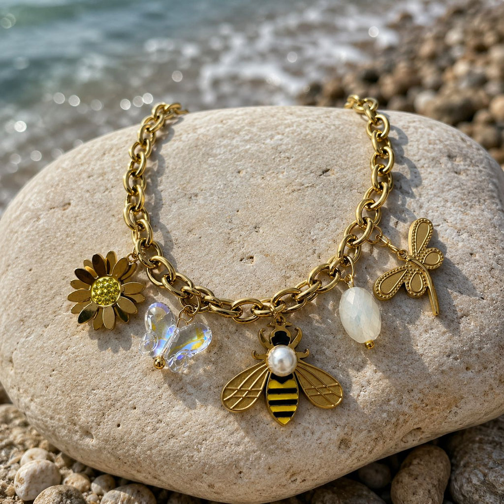Steel 14K Gold Plated Bracelet with Charm Detail – Adjustable Size