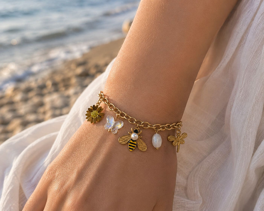 Steel 14K Gold Plated Bracelet with Charm Detail – Adjustable Size