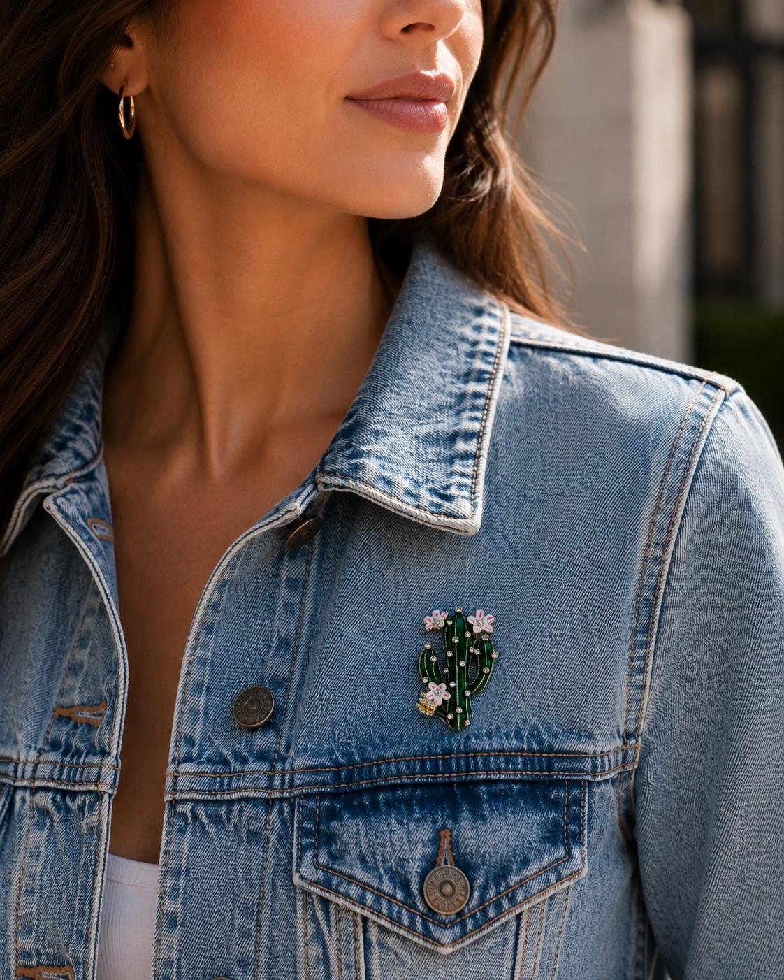 Crystal Rhinestone Cactus Brooch – Elegant Design with Flower Detail