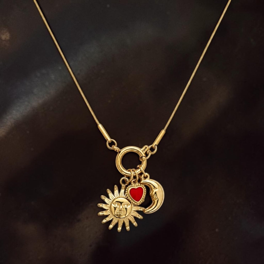 14K Altın Kaplama Çelik Güneş, Ay ve Kalp Charm Kolye