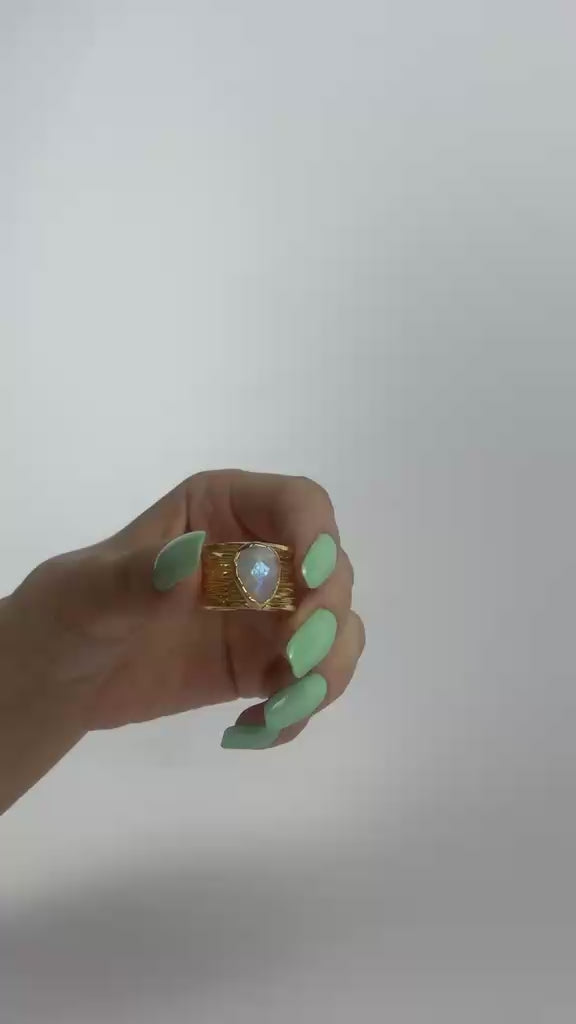 Moonstone Detailed Adjustable Ring – 14K Gold Plated on Brass