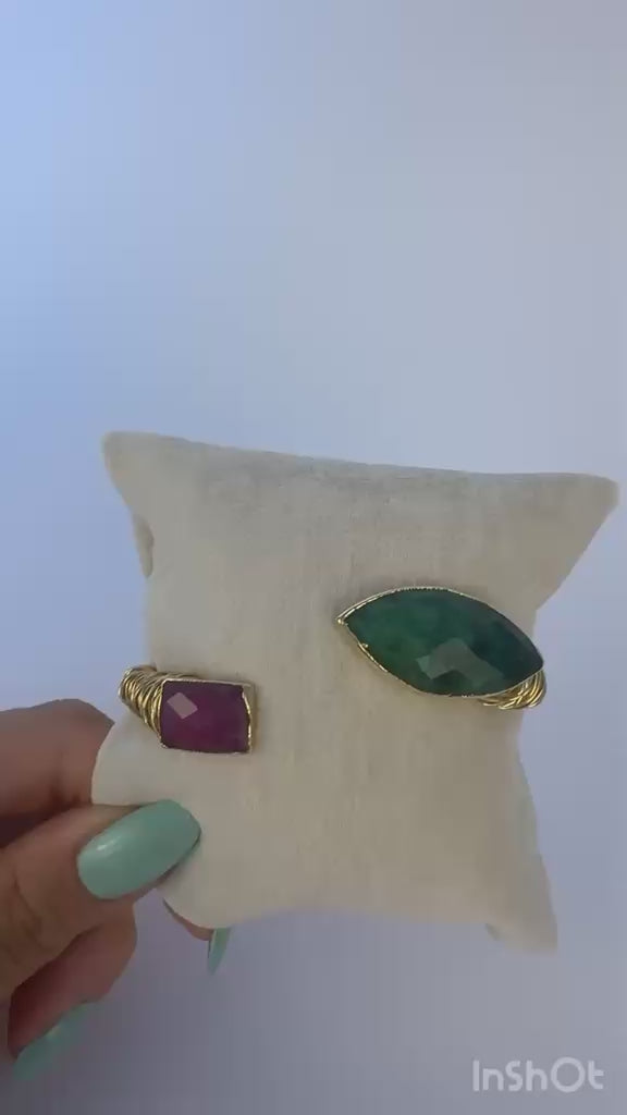 Smaragd Rubin Verstellbares Armband – Gewachsener Smaragd- und gewachsener Rubinstein – 14K vergoldet auf Messing
