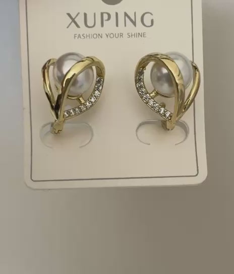 Xuping 18K Altın Kaplama İnci Detaylı Taşlı Halka Küpe