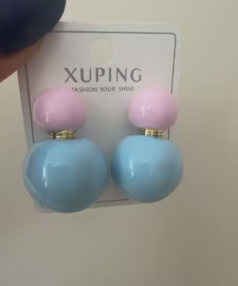 Pastel Pembe & Mavi Top Detaylı Çelik Küpe
