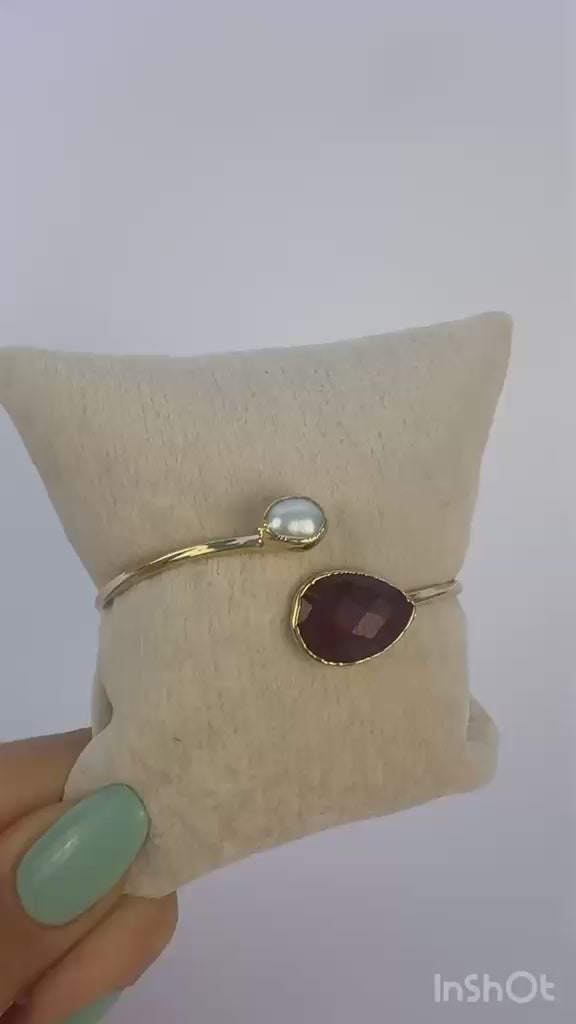 Ruby Pearl Adjustable Bracelet - 14K Gold Plated Over Brass