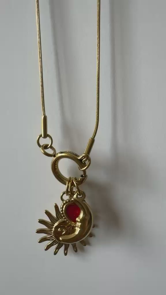 14K Altın Kaplama Çelik Güneş, Ay ve Kalp Charm Kolye