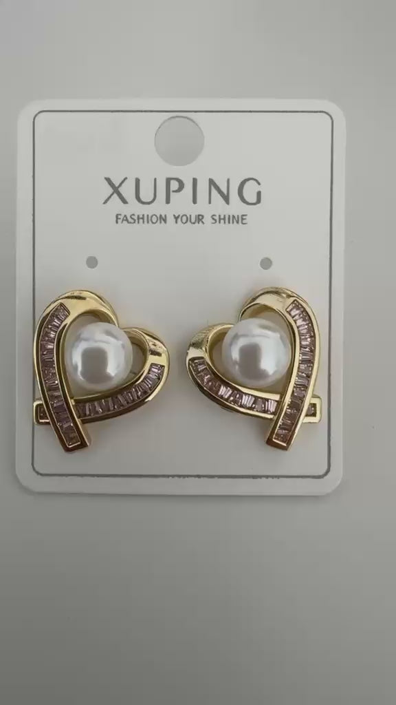 Xuping 18K Altın Kaplama Çelik Kalp İnci Detaylı Küpe