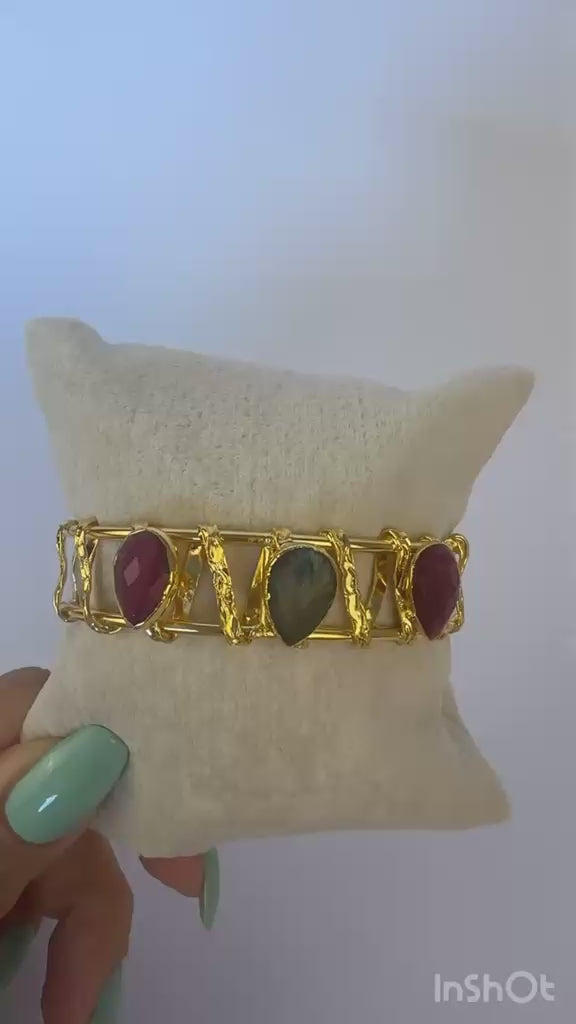 Royal Stone Adjustable Bracelet with Root Ruby and Labradorite Stones – 14K Gold Plated on Brass