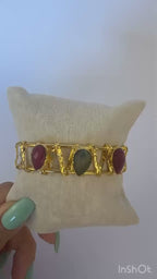 Royal Stone Adjustable Bracelet with Root Ruby and Labradorite Stones – 14K Gold Plated on Brass